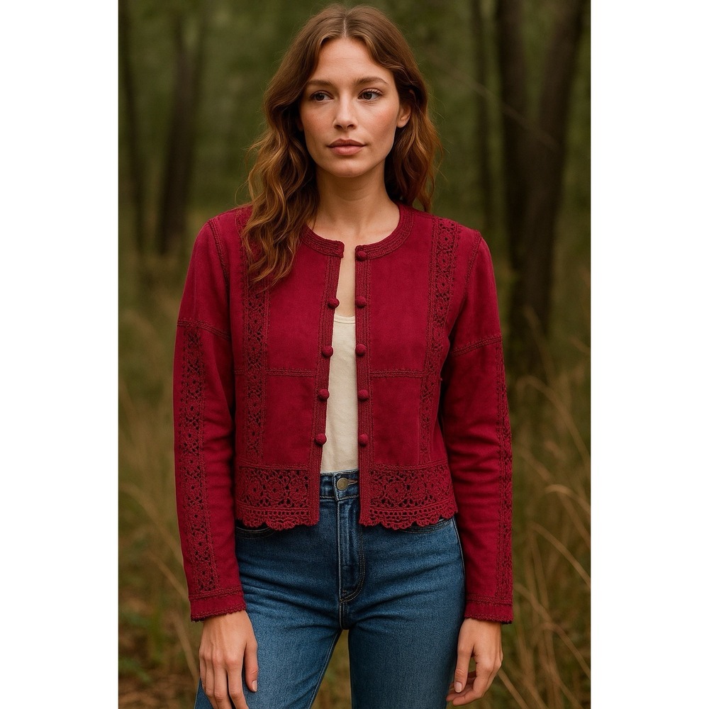 VTG  SMH Boutique Wine Suede Leather Crochet Trim Jacket Sz M Boho Romantic
